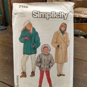 Vintage Simplicity #7196 Sewing Pattern/ Uncut/ Girls Faux Fur Lined Jacket & Co